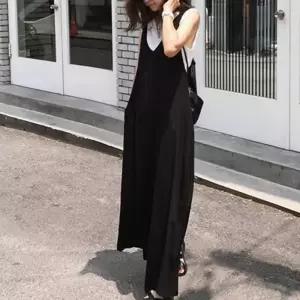 여성 블랙 유넥 라인 여리핏 점프수트 멜빵팬츠 여성점프수트