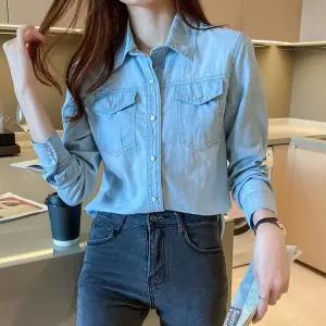 여성 진청 연청 캐주얼룩 심플 데님셔츠 청남방 데님블라우스