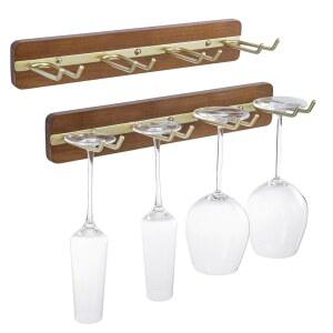 미드 센추리 스타일 벽걸이 와인잔 홀더 u2013 황동 톤 메탈 및 아카시아 우드 스템웨어 랙 2개 세트, 최대 8잔 보관 가능