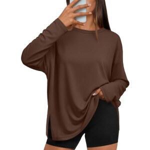 트렌디한 퀸 오버사이즈 사이드 슬릿 티셔츠 여성용 롱 슬리브 운동 상의 가을 패션 짐 캐주얼 티 베이직 Y2K 의류