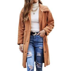 앙가션 여성 퍼지 플리스 라펠 프론트 롱 가디건 코트 인조 모피 따뜻한 겨울 아웃웨어 재킷