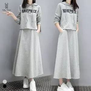 사계절 여성 캐주얼 후드티셔츠 A라인 롱스커트 투피스셋업 사이드주머니 B