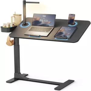 바퀴 높이 및 360° 각도 조절이 가능한 SAIJI 마그네틱 오버베드 침대 옆 테이블 LED 조명 휴대용 롱 롤링