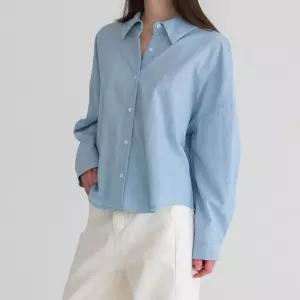 [문에이블]문에이블 여자 여성 봄 가을 주름 포인트 A라인 베이직 언발 카라 루즈핏 셔츠 남방