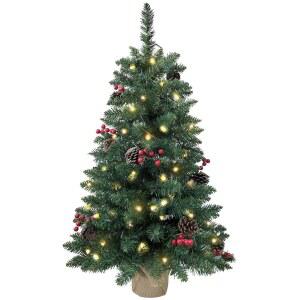 3피트 프리라이트 미니 크리스마스 트리, 11개의 레드 베리, 파인콘, 70개의 LED 스트링 라이트, 그리고 테이블탑, 배터리 작동을 위한 버랩 랩드 베이스 장식 트리가 포함된 인조 소나무 121개의 PVC 가지