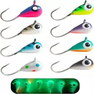 피쉬코너 8pcs 텅스텐 얼음 낚시 지그 세트 민감한 눈물방울 헤드가 어두운 미끼로 환하게 빛납니다