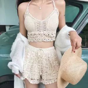 여자 러블리셋업 홀터넥 크롭 레이스탑 숏팬츠 휴가룩 VmV7+6utW