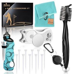 Wynaura 15피스 골프 액세서리 키트 - 그루브 클리너 도구가 있는 클럽 브러시, 골프공 가방, 마그네틱 볼 마커가 디봇 툴, 타월, 티, 남성 /여성용 선물 포함
