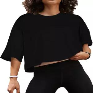 여성용 여름 크롭탑 캐주얼 하프 슬리브 탑 루즈핏 반팔 티셔츠 운동 오버사이즈