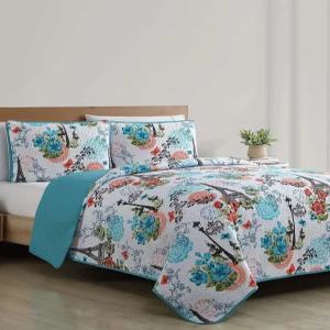 퀸 침대용 VCNY 홈 블루 퀼트 - 3피스 풀 또는 컴포트 얼터너티브 침대 커버렛과 샴스(에펠 파리 장식)