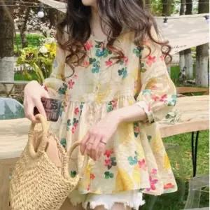 키와이제이영  산뜻발랄 린넨 블라우스 허리라인 코튼 플라워