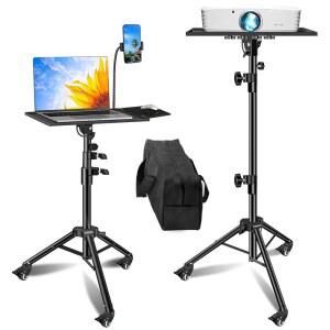 GZGDLJQ 바퀴가 달린 프로젝터 스탠드, 마우스 트레이가 있는 73.7cm(29인치)에서 175.3cm(69인치)까지 노트북 삼각대, 높이 조절 가능한 DJ 랙 구즈넥 휴대폰 홀더 포함, 사무실, 가정, 무대, 스튜디오용, 1팩 블랙