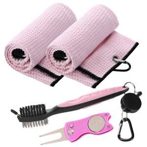 Aulock 골프 타월 및 브러시 세트, 백용 극세사 타월, 볼 마커 디봇 툴 브러시가 있는 여성용 클리닝 키트, 핑크
