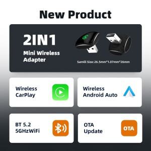 유선 무선으로 변환하는 차량호환  AI 박스 블루투스5.2 5GHz WiFi 카플레이 2in1 미니 어댑터 플러그 앤