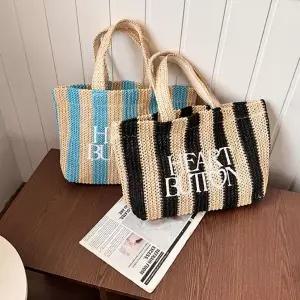 하트버튼 RHQ644X7 스트라이프 밀짚 숄더백 토트 비치 가방 여