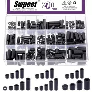 Swpeet 270Pcs 18 사이즈 블랙 나일론 원형 스페이서 고정 나사 너트 모음 키트 ABS 플라스틱 길이 3mm 5mm
