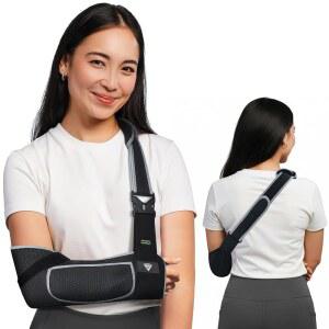 어깨 부상을 위한 팔 슬링 - 엄지 루프, 패딩 스트랩 및 휴대폰 포켓이 있는 통기성 메시 용 이모빌라이저, 회전 커프, 탈구, 골절, 후 조절 가능한 지지대(통기성 메시, 라지)