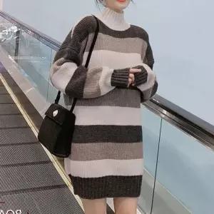 이너 루즈핏 배색 여성 캐주얼 겨울 목폴라 원피스 롱 니트