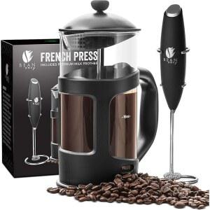 Bean Envy French Press 커피 메이커 및 우유 거품기 세트 - 963.9g(34온스) 유리 카라페 프레스 음료 믹서 듀오 스테인리스 스틸 스탠드 포함