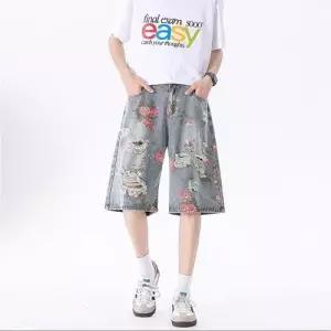 솔저스2 남성용 데님 빈티지 디스트로이드 반바지 여름옷 워싱 스트레이트 트레이닝 하의 무릎 위 5~6부 OP