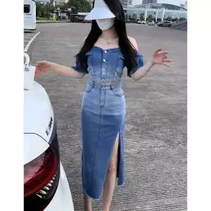 오프숄더데님블라우스 여성 여름 데님 어깨트임 셔츠 크롭