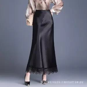 피콜로 여자 치마 롱 검정 데일리룩 플리츠 레이스 머메이드 슬림핏 힙업 봄여름 KUK1
