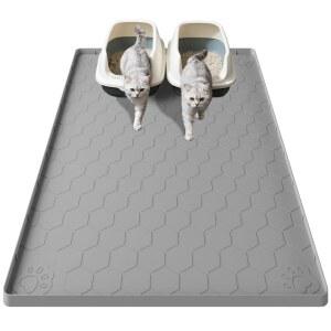 Pawinner 배변 상자용 고양이 매트, 101.6 x 71.1cm(40 28인치) 대형 실리콘 트래핑 방수 소변 방지, 간편한 세척, 바닥용 미끄럼 방지 스크래치 패드(그레이)