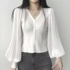 패션스타일 브이 플 골지 가디건 블라우스 퍼프