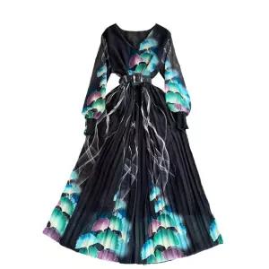 EAMT 원피스 조임 봄가을 프린트 여성원피스 브이넥 등롱 부드러운 러블리 롱스커트 A라인 긴팔 YJ3