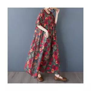 에네로 플라워 프린트원피스 보헤미안 롱스커트 여름 오버핏 반팔 라운드 프린트 원피스 UNO2