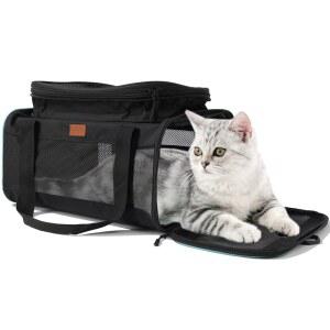 HSC PET 소프트 캣츠 캐리어 소형 반려견 항공사 승인 소프트사이드 반려동물 가방, 블랙, 경량, 럭셔리 스타일, 상단 확장 가능, 기내 비행 여행 시 15파운드 미만(블랙) 권장 사항 보장