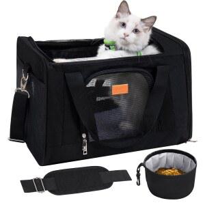 ROYPET 고양이 캐리어, 고양이와 작은 개를 위한 휴대용 반려동물 캐리어 가방, 접이식 부드러운 면과 긁힘 방지 메시 가방 항공사 승인 최대 15파운드의 여행용 블랙