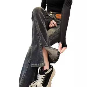 EAMT 여자 그레이 빈티지 와이드 청바지 시멘트 부츠컷 데님팬츠 봄가을 하이웨스트 빅사이즈 슬림 트임 플