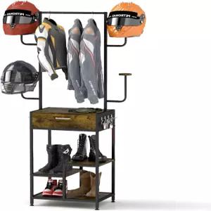 유요이 모터사이클 헬멧 홀더 스탠드 대형 스탠딩 재킷용 서랍이 있는 금속 보관 랙 모자 다기능 액세서리