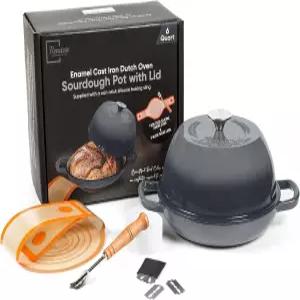 뚜껑이 있는 에나멜 주철 더치 오븐 냄비 - 사워도우 빵 베이킹을 위한 5개의 칼날 레임과 논스틱 실리콘