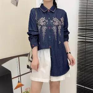EAMT 여친 청 빈티지 가을 칼라 무지데님 셔츠 컬러 카디건 톱 자수 EUNG3