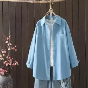 EAMT 여성용 청 하프 빈티지 가을 카디건 긴팔 톱 무지데님 셔츠 EUNG3