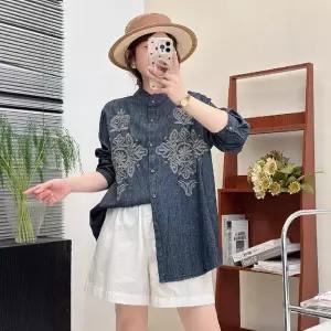 EAMT 청 가을 여자 무지데님 셔츠 자수 톱 차이나 EUNG3