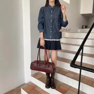 EAMT 여성용 청 빈티지 가을 탑 긴팔 레이스 무지데님 셔츠 EUNG3