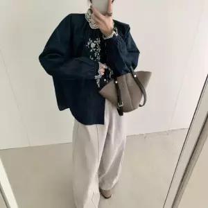 EAMT 여사친 청 가을 캐주얼 무지데님 셔츠 페인팅 자수 칼라 EUNG3