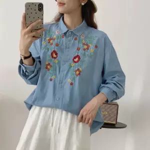 EAMT 여성용 청 가을 빈티지 이너 무지데님 셔츠 꽃 자수 터틀넥 긴팔 상의 EUNG3