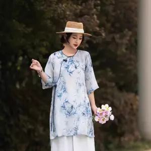 EAMT 여성 하프 여름 라운드 톱 모시 빅 사선 프린트 셔츠 YJ1