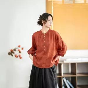 EAMT 여자 여름 박시 모시 차이나 자수 칠부 풀오버 반버튼 셔츠 YJ1