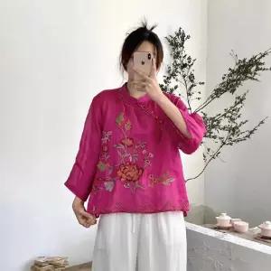 EAMT 여성용 여름 빈티지 모시 셔츠 자수 버튼 사선 차이나 YJ1