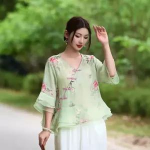 EAMT 모시 프린트 상의 브이넥 컬러 펀칭 오간자 슬림핏 셔츠 여성 여름 빈티지 YJ1