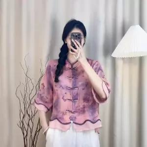 EAMT 여친 여름 빈티지 모시 프린트 셔츠 차이나 컬러 펀칭 탑 YJ1