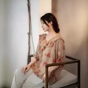 EAMT 여자 여름 셔츠 프린트 풀오버 끈 와이드 모시 YJ1