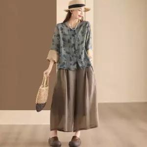 EAMT 여사친 여름 빈티지 모시 셔츠 싱글 톤온톤 프린트 탑 YJ1