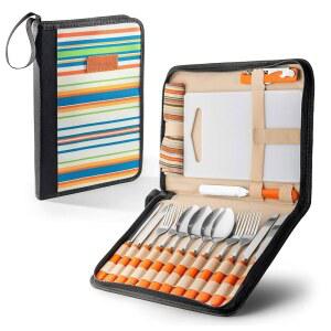 캠핑 실버웨어 키트 식기 정리 도구 피크닉 세트 12피스 엉망 - 스테인리스 스틸 스푼 버터 & 톱니 나이프 와인 오프너 포크 냅킨 하이킹 캠프 키친 바비큐 u2019s (4인용 20피스 세트)