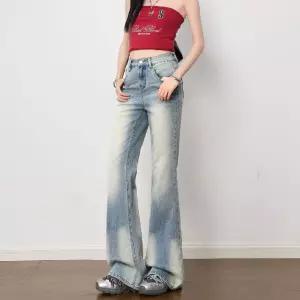 여성 빈티지 데미지 워싱 청바지 봄 슬림핏 나팔바지 B24Z1F 카쥬1